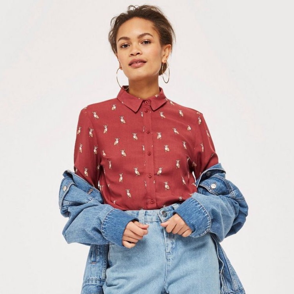 Topshop Chihuahua Print Button Down Shirt In Rust